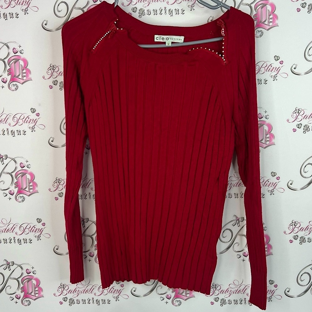 Cleo sweater rhinestone zipper detail Red Ribbed Sweater with Stud Accents